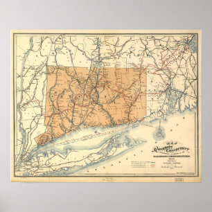 Affiche Carte des chemins de fer du Connecticut 1893