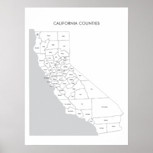 Affiche Carte des comtés de Californie avec noms de comtés