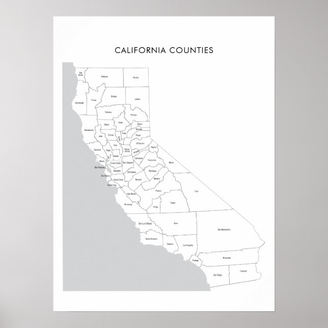 Affiche Carte des comtés de Californie avec noms de comtés (Devant)
