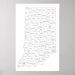 Affiche Carte des comtés de l'Indiana avec contour de l'Ét