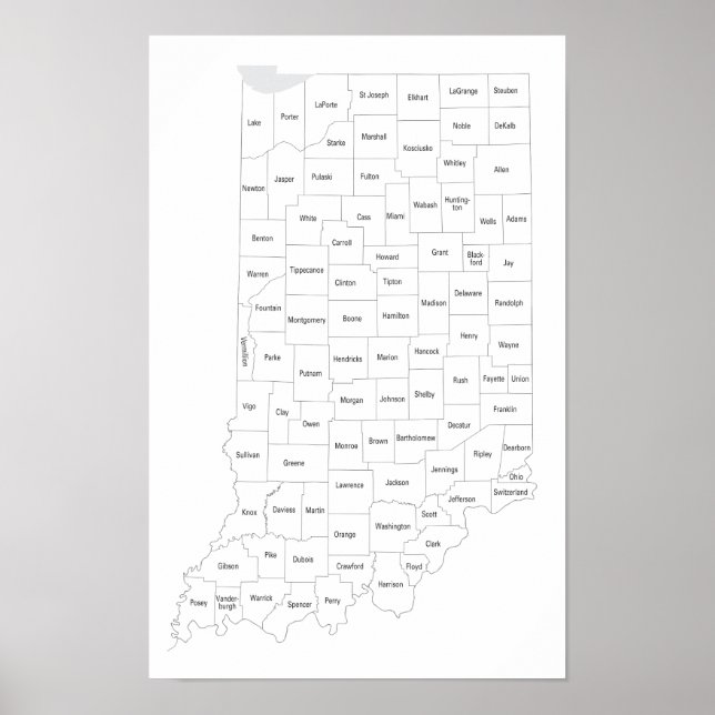 Affiche Carte des comtés de l'Indiana avec contour de l'Ét (Devant)