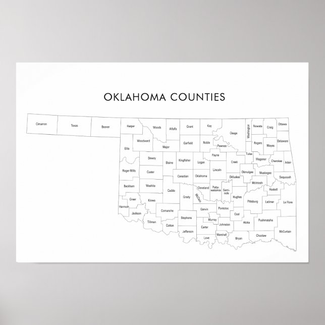 Affiche Carte des comtés de l'Oklahoma avec les noms de co (Devant)