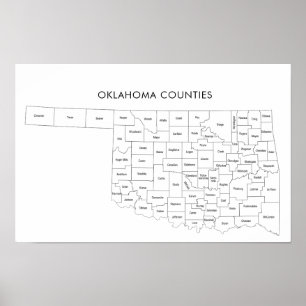 Affiche Carte des comtés de l'Oklahoma avec noms de comtés