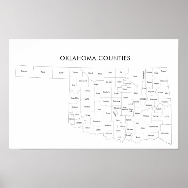Affiche Carte des comtés de l'Oklahoma avec noms de comtés (Devant)