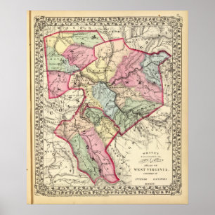 Affiche Carte des comtés de Putnam, Kanawha, Boone