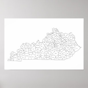 Affiche Carte des comtés du Kentucky avec noms des comtés