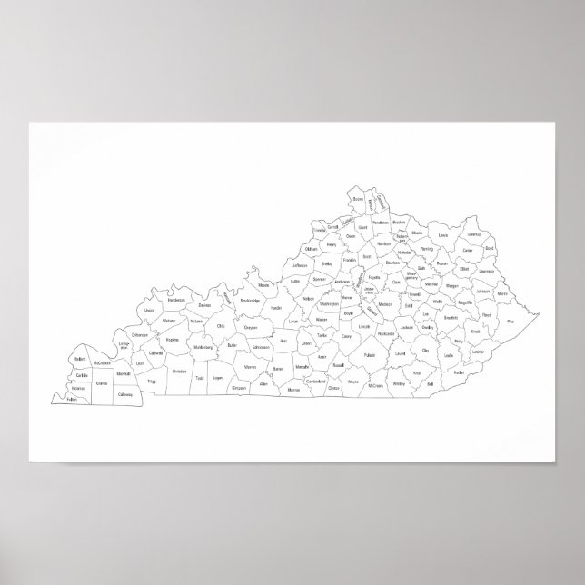 Affiche Carte des comtés du Kentucky avec noms des comtés (Devant)