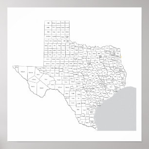Affiche Carte des comtés du Texas avec noms de comtés