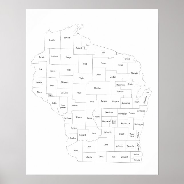 Affiche Carte des comtés du Wisconsin dans l'état avec des (Devant)