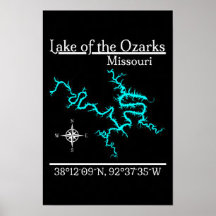 Affiche Carte des coordonnées du lac des Ozarks Missouri