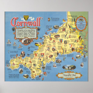 Affiche Carte des Cornouailles, Angleterre