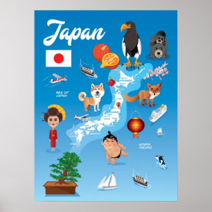 Affiche Carte des enfants caricatures du Japon