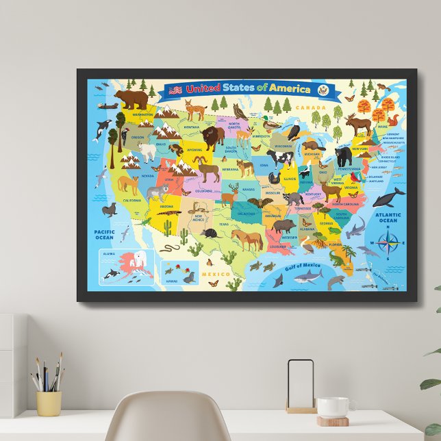 Affiche Carte des enfants US Whimsical Cartoon Art États-U (Créateur téléchargé)