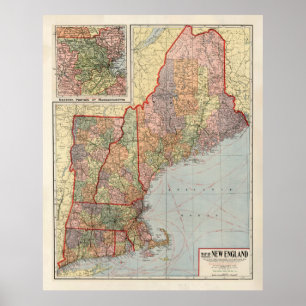 Affiche Carte des États de la Nouvelle-Angleterre (1920)