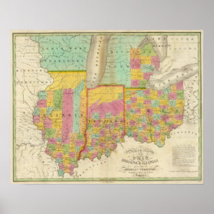 Affiche Carte des États de l'Ohio Indiana & Illinois