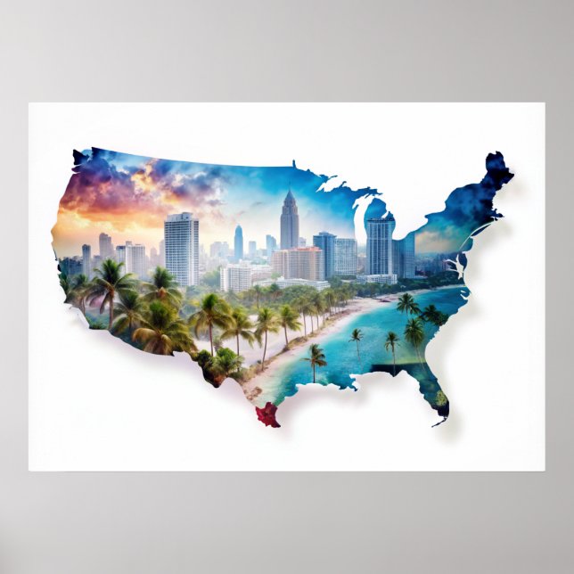 Affiche Carte des Etats-Unis avec l'affiche Paysages (Devant)