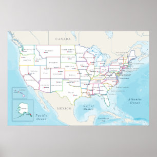 Affiche Carte des États-Unis avec les capitales d'État