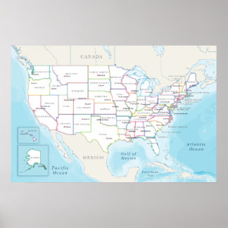 Affiche Carte des États-Unis avec les capitales d'État