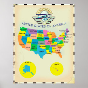 Affiche Carte des États-Unis d'Amérique de style vintage
