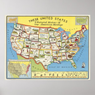 Affiche Carte des États-Unis - Patrimoine américain
