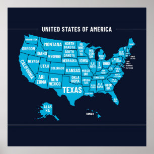 Affiche Carte des États-Unis Teal Design Minimaliste