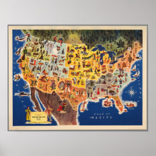 Affiche Carte des États-Unis - Vacances et Jouer