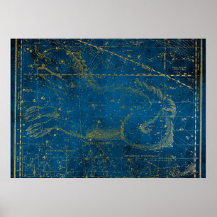 Affiche Carte des étoiles vintage illustrée bleu moyen et 