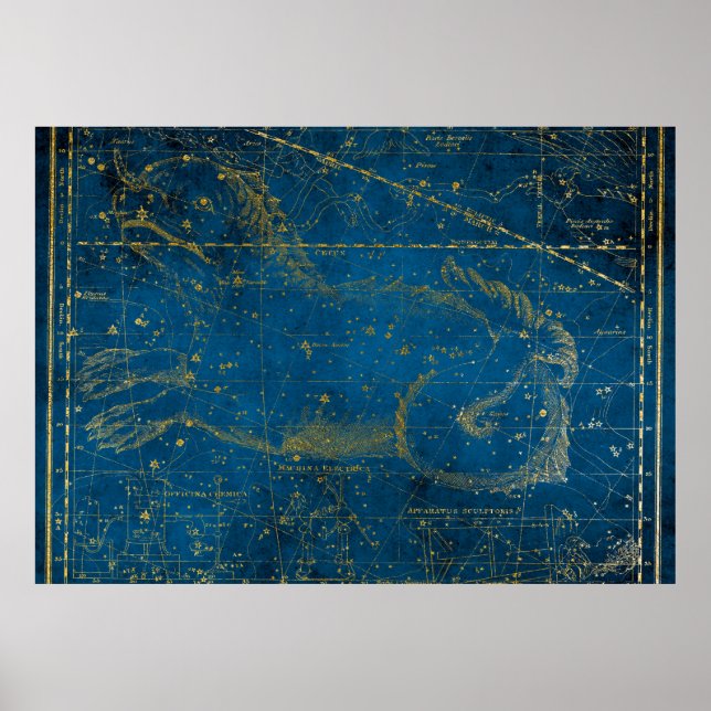 Affiche Carte des étoiles vintage illustrée bleu moyen et  (Devant)