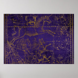 Affiche Carte des étoiles violette et or illustrée vintage