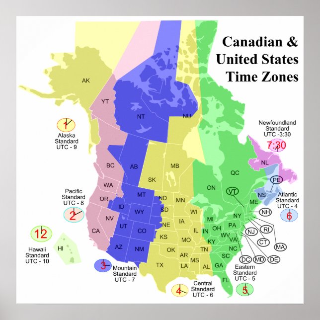 Affiche Carte des fuseaux horaires politiques du Canada et (Devant)