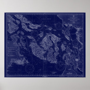 Affiche Carte des îles San Juan WA Carte marine Bleu Art