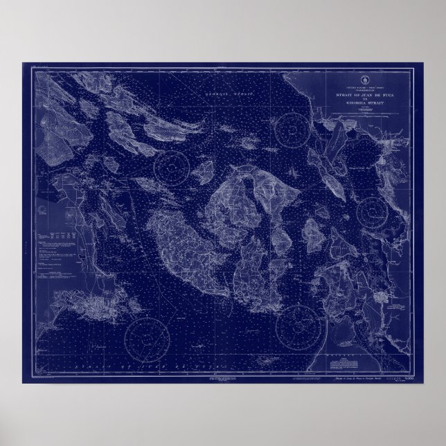 Affiche Carte des îles San Juan WA Carte marine Bleu Art (Devant)