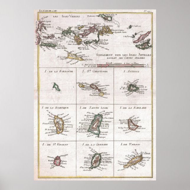 Affiche Carte des îles vintages des Caraïbes (1780) (Devant)