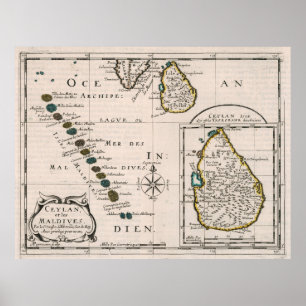 Affiche Carte des Maldives vintages et du Sri Lanka (1652)