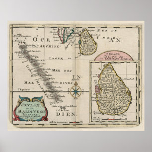 Affiche Carte des Maldives vintages et du Sri Lanka (1705)