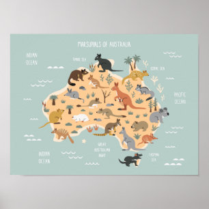 Affiche Carte des marsupiaux australiens pour enfants