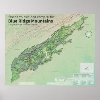 Affiche Carte des montagnes du sud de Blue Ridge