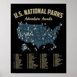 Affiche Carte des parcs nationaux américains Camping Rando
