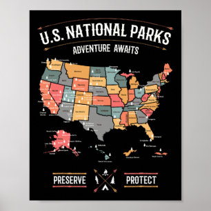Affiche Carte des parcs nationaux américains Préserver Pro