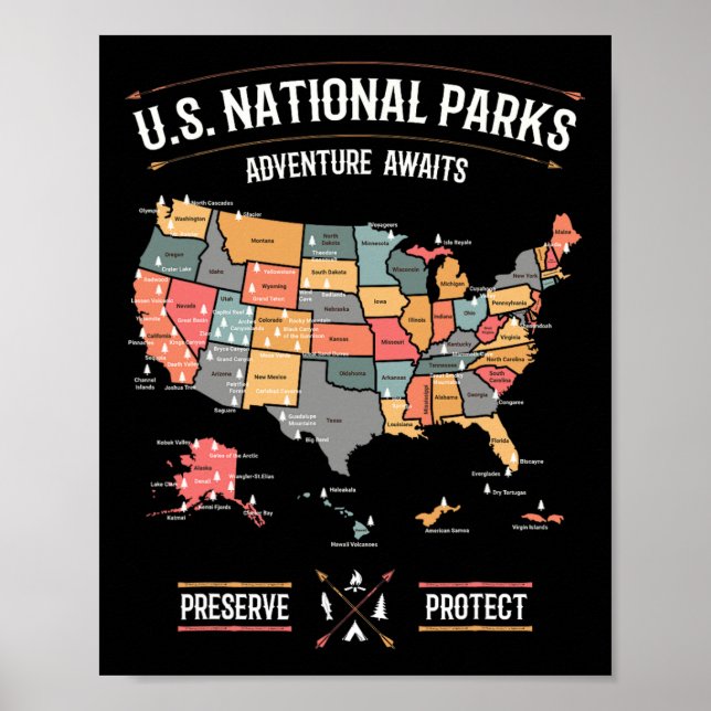 Affiche Carte des parcs nationaux américains Préserver Pro (Devant)