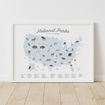 Affiche Carte des parcs nationaux bleus Décor de la crèche<br><div class="desc">Laissez-vous inspirer par cette carte détaillée des parcs nationaux et explorez les États-Unis !</div>