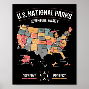 Affiche Carte des parcs nationaux des États-Unis Préserver