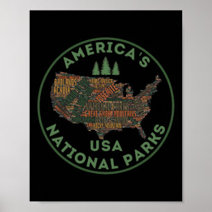 Affiche Carte des parcs nationaux Randonnée Voyage Camping