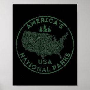 Affiche Carte des parcs nationaux Randonnée Voyage Camping
