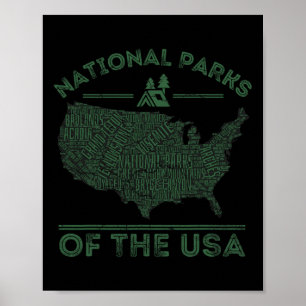 Affiche Carte des parcs nationaux Randonnée Voyage Camping