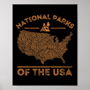 Affiche Carte des parcs nationaux Randonnée Voyage Camping