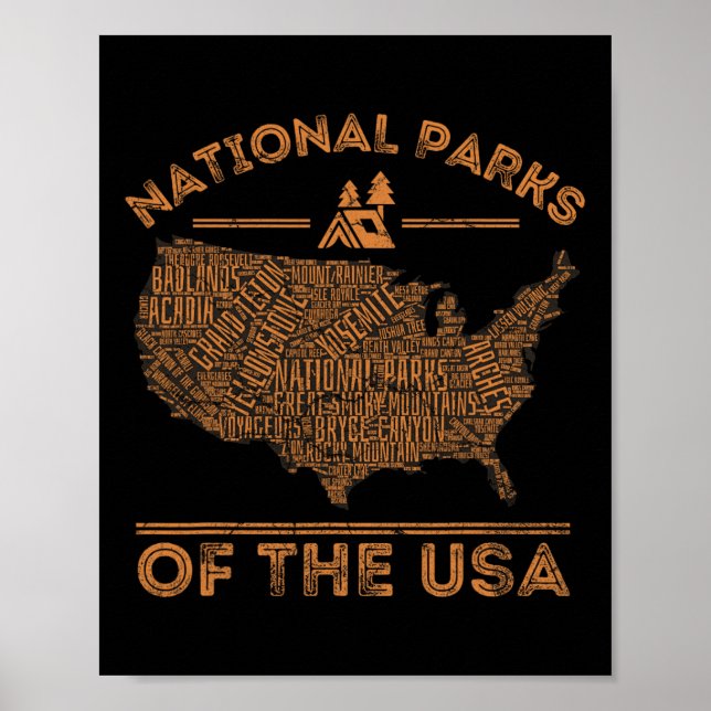 Affiche Carte des parcs nationaux Randonnée Voyage Camping (Devant)