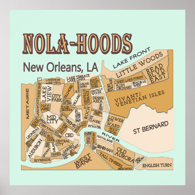 Affiche Carte des quartiers de la Nouvelle-Orléans, NOLA_H (Devant)