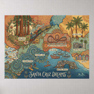 Affiche Carte des rêves de Santa Cruz Californie – Côte vi