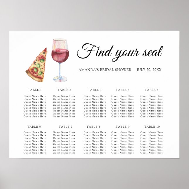 Affiche Carte des sièges Mariage de pizza et vin d'aquarel (Devant)